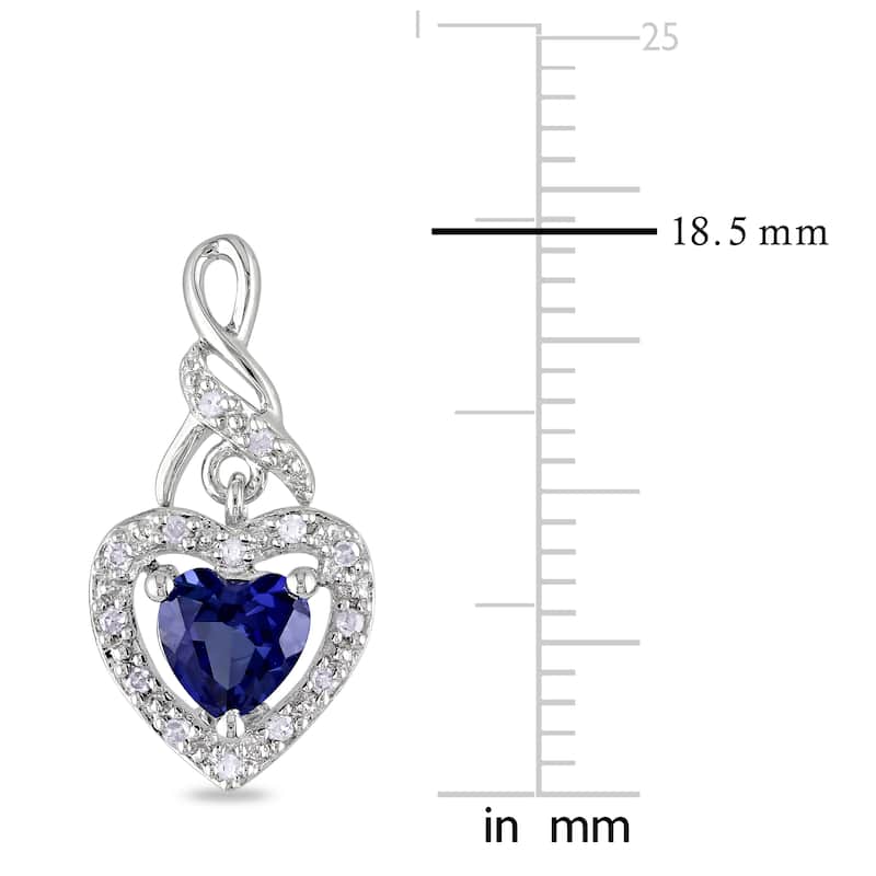 Miadora 1/8 CT TW Diamond 1 1/8 Created Blue Sapphire Heart Earrings Sterling Silver
