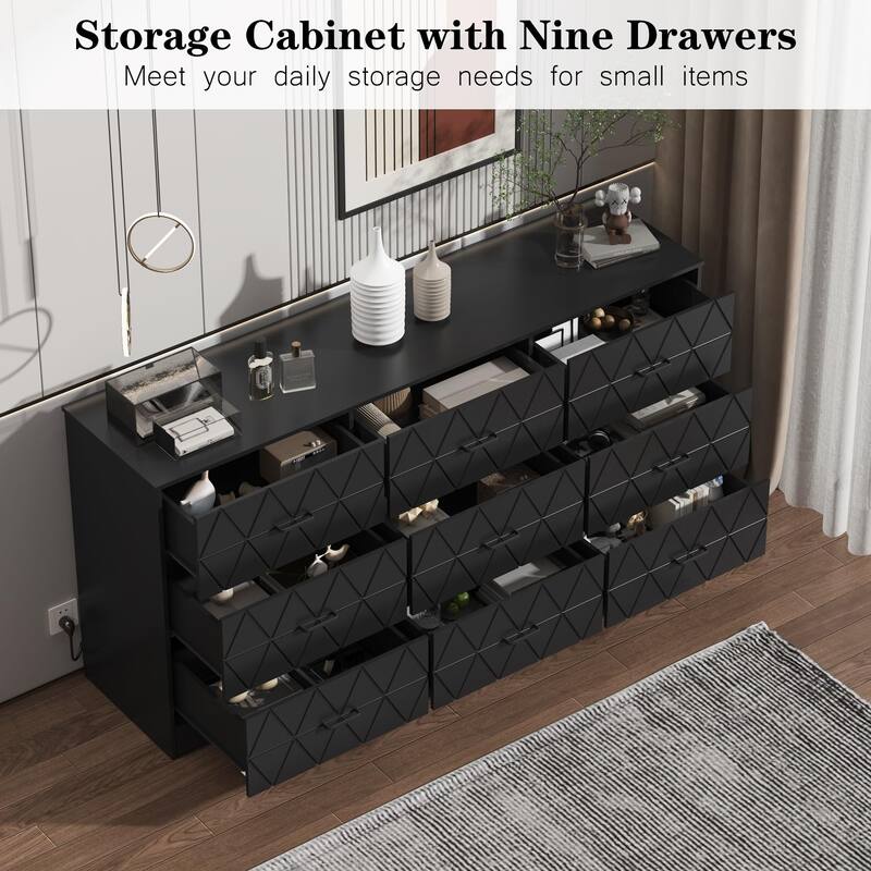 Modern 9-Drawer Dresser with Built-In Power Outlet, Large Storage Chest for Bedroom, Closet