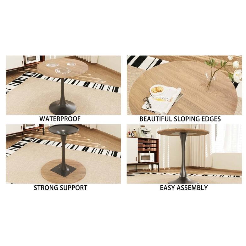 31.5 " MDF round dining table, tulip dining table, and 2 artificial leather decorative chairs with black metal legs