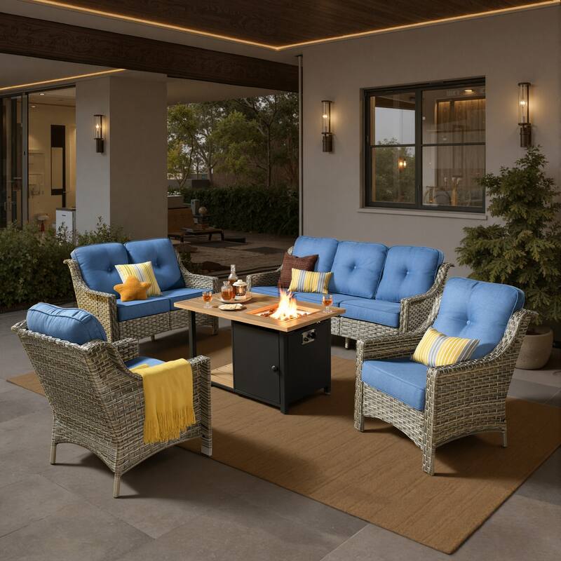 XIZZI 5-Piece Patio Wicker Furniture Conversation Set with Firepit - Diamond Blue