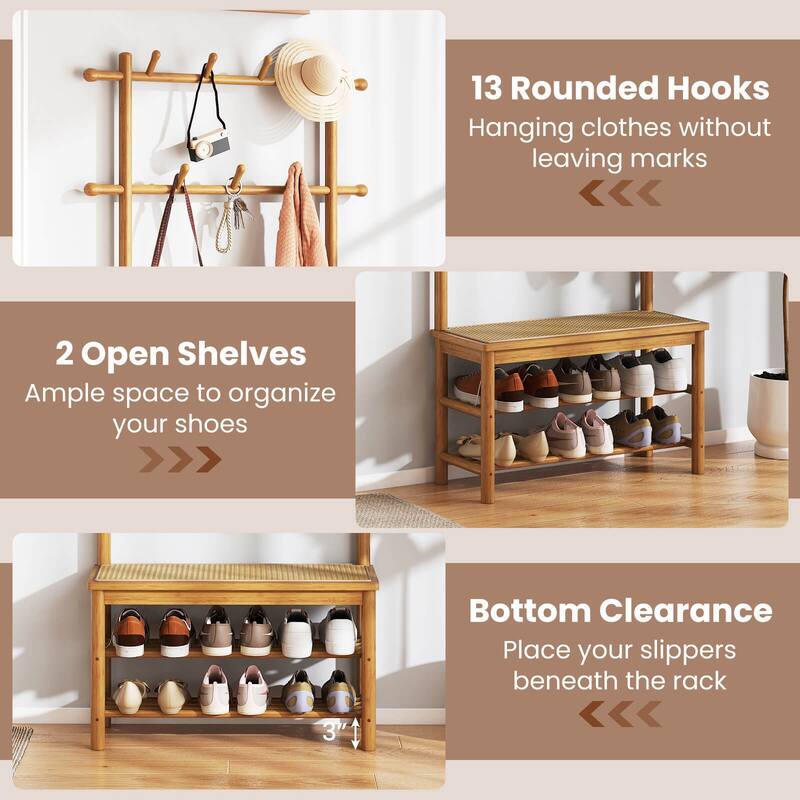 Costway Bamboo Coat Rack with Bench Shoe Storage 2 Hanging Rods 11 - See Details