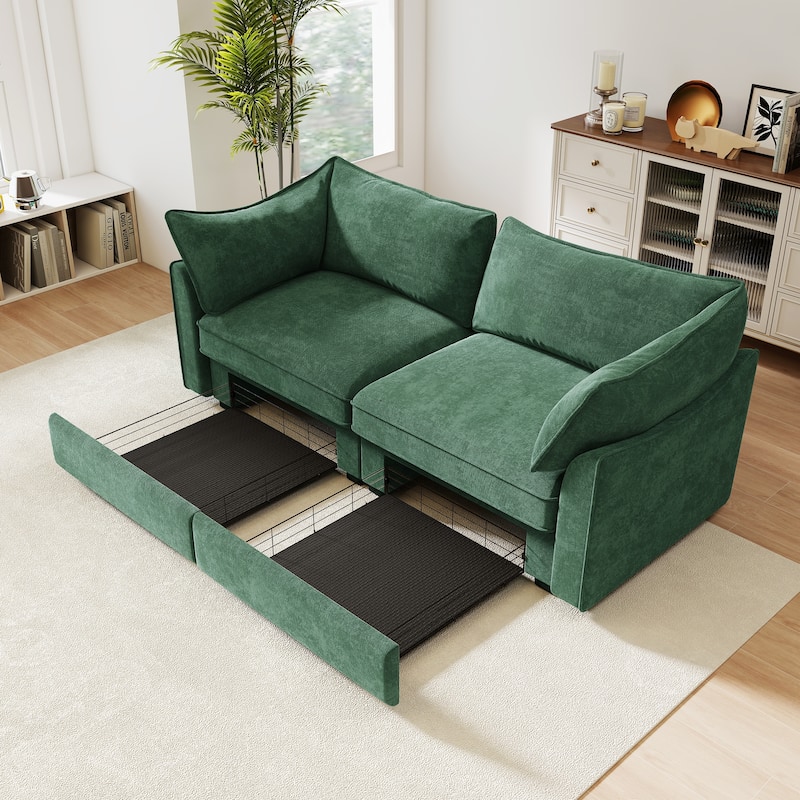 Chenille Upholstered Loveseat with Pull-Out Storage Drawer - Green