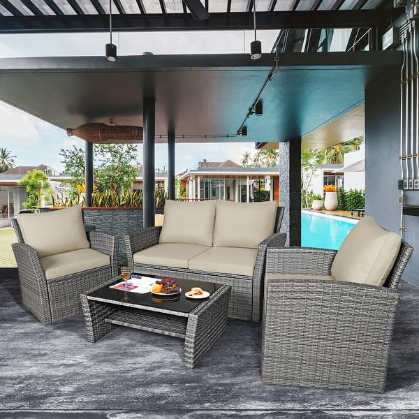 slide 2 of 23, Costway 4PCS Patio Rattan Furniture Set Sofa Table Storage Shelf