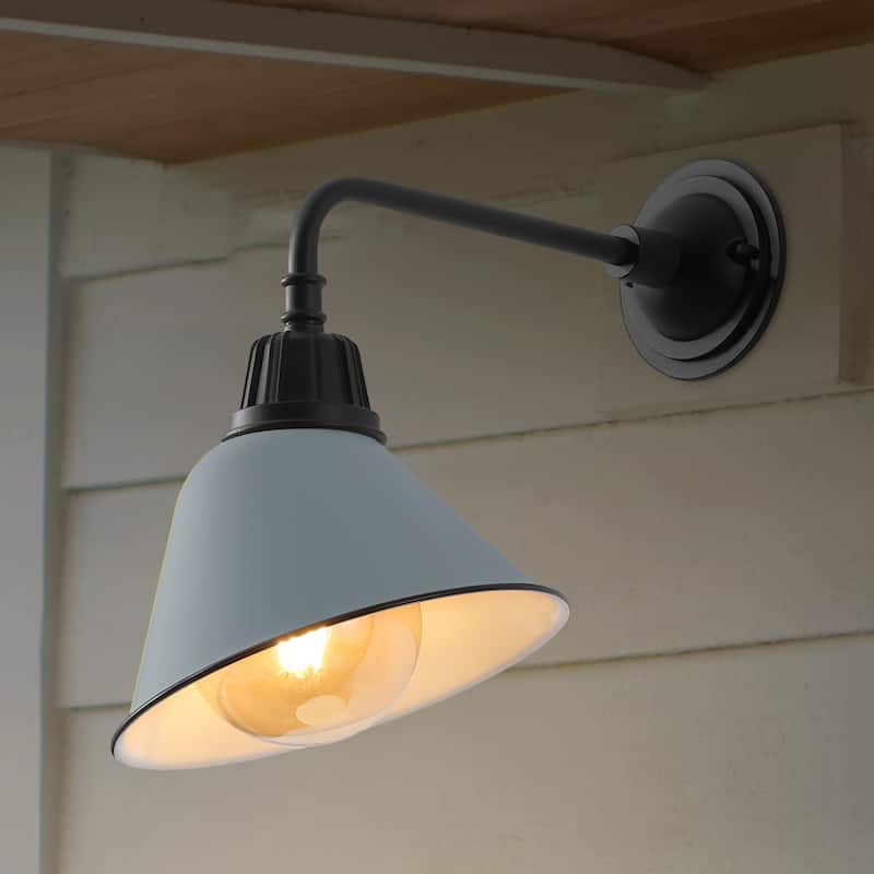 Aurora 9.63" 1-Light Farmhouse Industrial Indoor/Outdoor Iron LED Gooseneck Arm Outdoor Sconce, by JONATHAN Y - 9.63