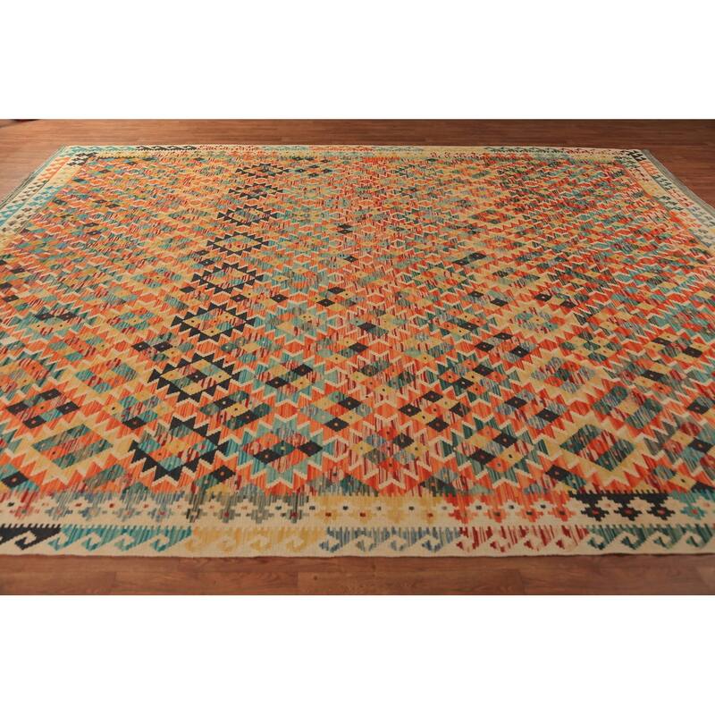 Reversible Kilim Oriental Rug Flatweave Orange Wool Carpet - 10'1"x 12'9"