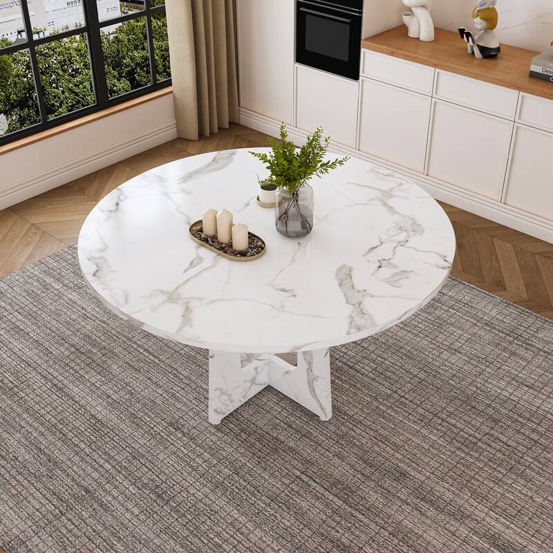 Round Wood Dining Table, Kitchen Table with X-Cross Base, Home Office Table with Adjustable Foot Pads