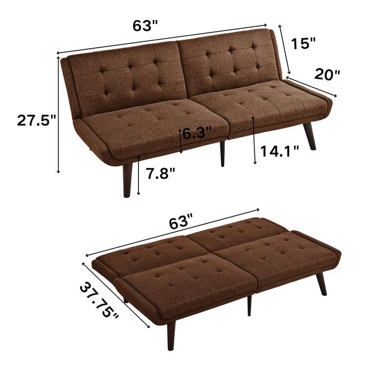 Convertible Futon Sofa Bed 63 Inch, Sleeper Couch with 5-Position Adjustable Backrest, Modern Loveseat for Small Spaces