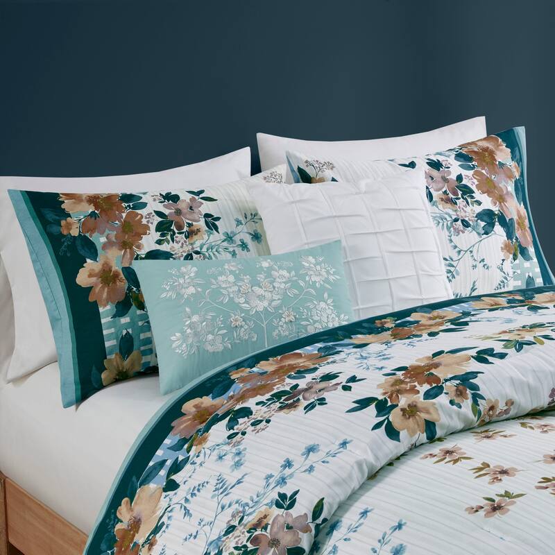Madison Park Alaina 5 Piece Cotton Floral Comforter Set with Throw Pillows
