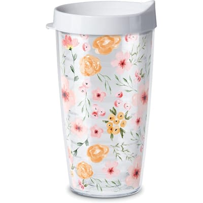 Pink Floral Double Wall Insulated Unbreakable Plastic Tumbler with Lid Holds 16 Ounces BPA Free Microwave Safe Dishwasher Safe