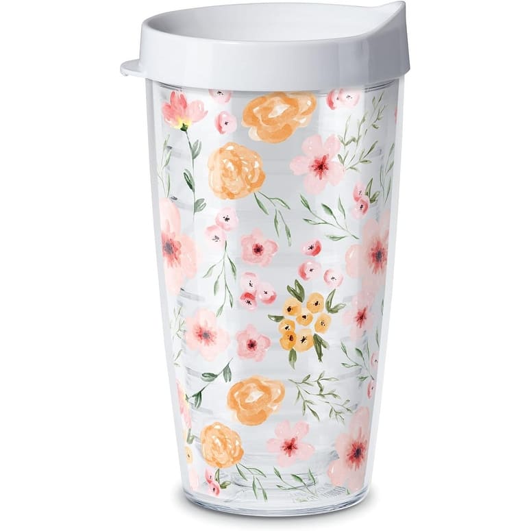 Pink Floral Double Wall Insulated Unbreakable Plastic Tumbler with Lid Holds 16 Ounces BPA Free Microwave Safe Dishwasher Safe