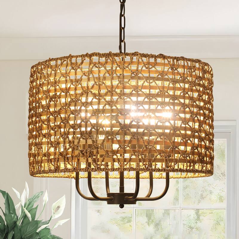 6-Light Boho Handwoven Rattan with Candle Chandelier