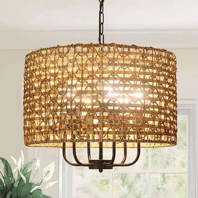 6-Light Boho Handwoven Rattan with Candle Chandelier