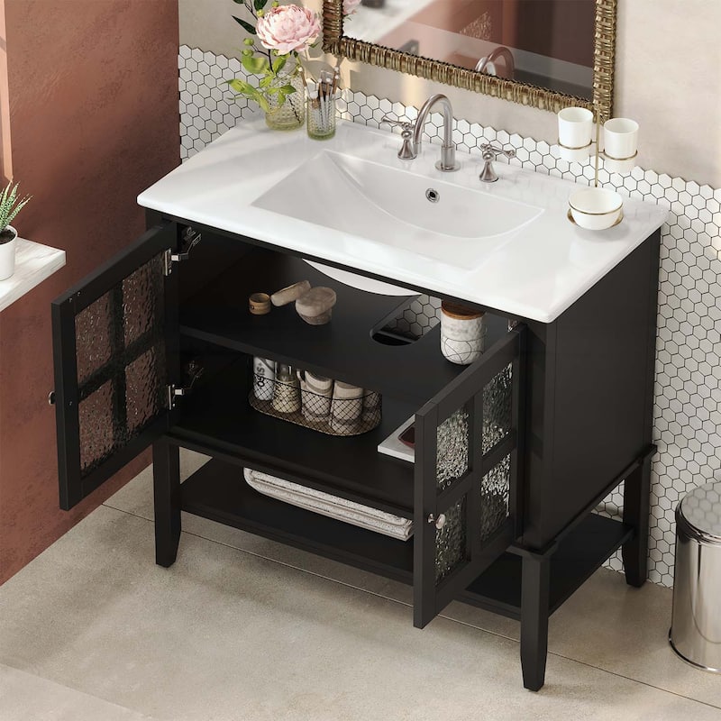 36 Inch Bathroom Vanity with Ceramic Sink,Adjustable and Open Shelves,Wood Legs - Black