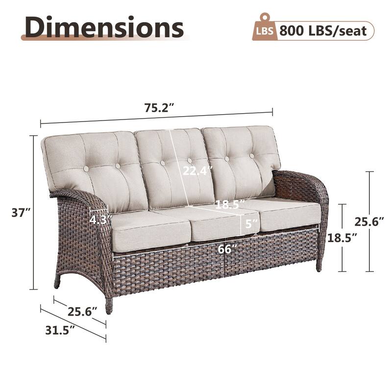 TWrap Brown Wicker Patio 3-Seat Sofa with 5-Inch Thick Cushions