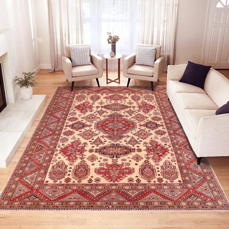 Rustic Super Kazak Raven Natural/Red Hand Knotted Wool Rug - 8'8'' x 12'4''