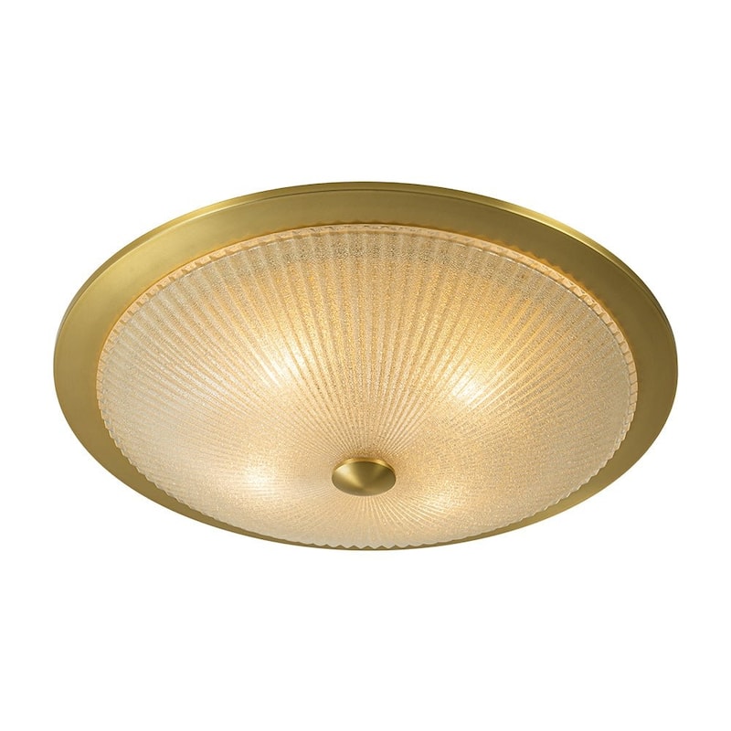23in Wide Aged Brass Round Textured Glass Flush Mount Light