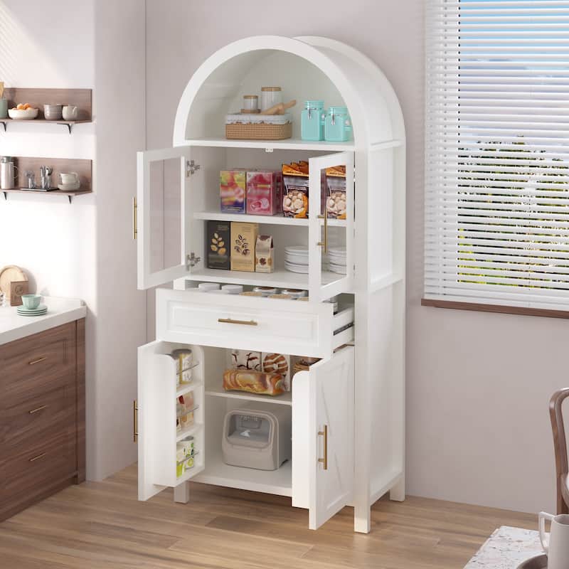 Arched Kitchen Pantry Cabinet with Glass Door, Farmhouse 71" Storage Cabinet with Adjustable Shelves & Barn Door Design