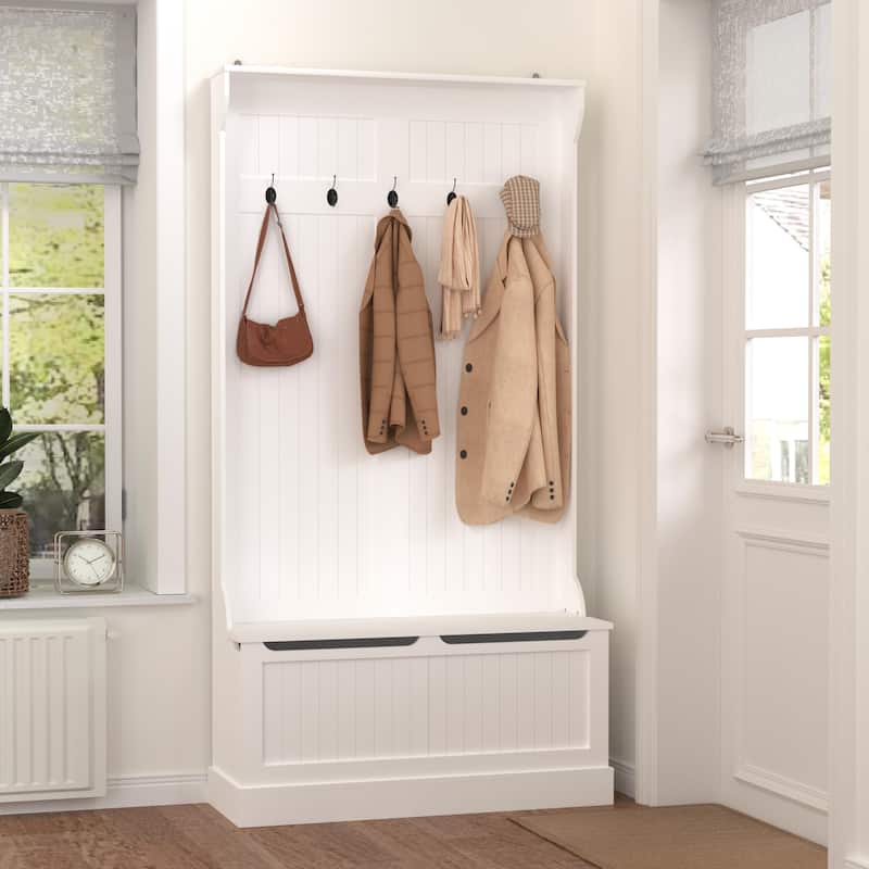 Entryway Bench with Coat Rack & Shoe Storage, 5-Hook Hall Tree for Entry Organizing
