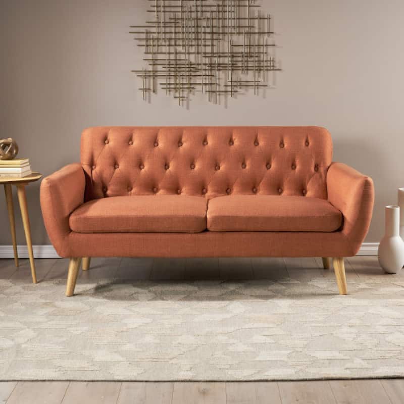 Roomfitters Mid-Century Loveseat Sofa, Upholstered Tufted Couch for Living Room, Modern Accent Seating, Burnt Orange - Burnt Orange