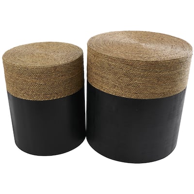 Wood Handmade Color block Wrapped Accent Table with Dried Plant Tabletops - Set of 2 Black - Roche River Decor