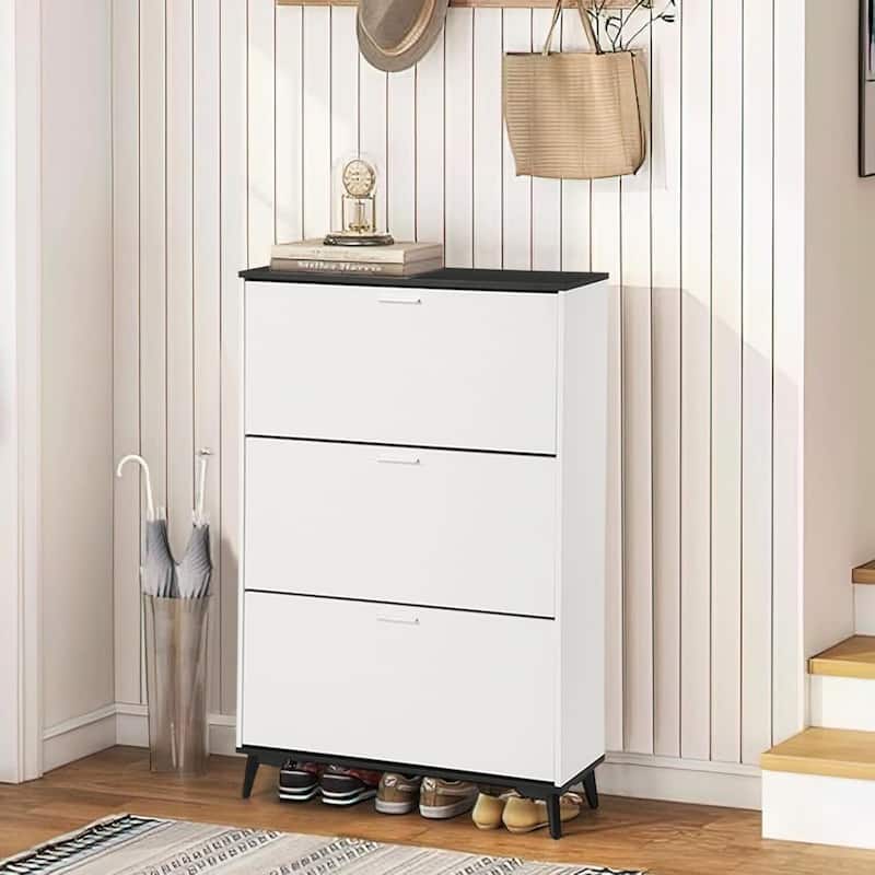 White 3-Drawer Narrow Shoe Cabinet - 47" Tall Wooden Flip Drawer