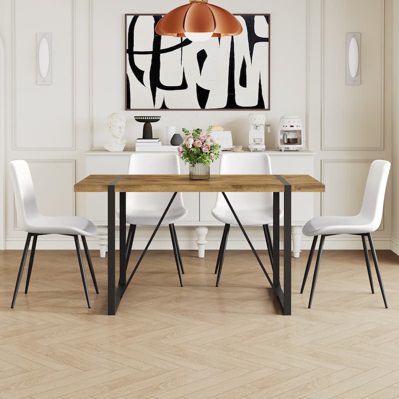 5-Piece Kitchen Dining Table Set, Rectangular Table with 4 White Faux Leather Chairs for Family Dining Areas