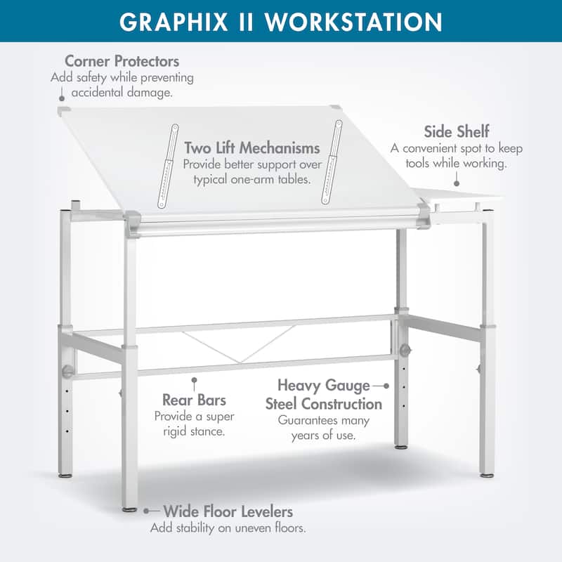 Studio Designs Graphix II White Drafting Drawing Work Station Table with Adjustable Top