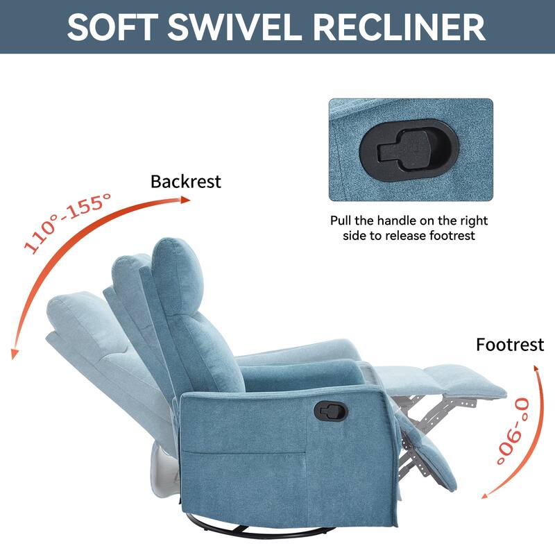 Roomfitters Swivel Rocker Recliner Chair, Manual Massage Glider Armchair with Heat & Vibration, Fabric Living Room Sofa