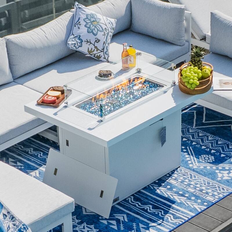 43" Outdoor Aluminum Gas Fire Pit Table, 60,000 BTU, Propane/Natural Gas, Glass Wind Guard