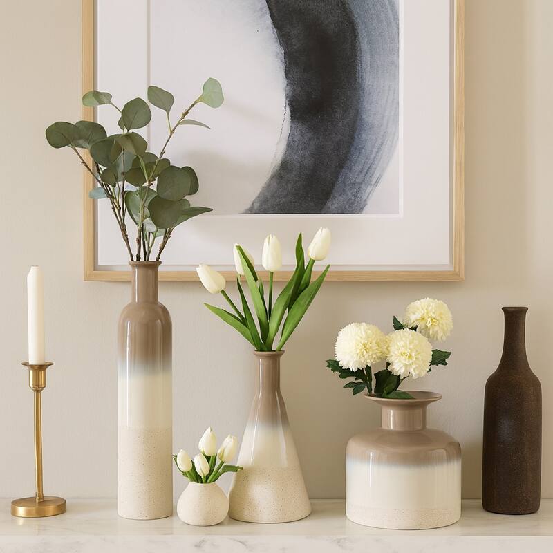 Elegant Glazed Ceramic Decorative Vase for Home Decor - Flower Vases with Modern Shapes - Set of 3, 21", Ivory