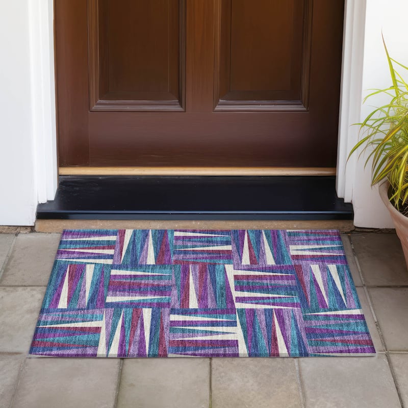 Machine Washable Indoor/ Outdoor Contemporary Mosaic Chantille Rug - Purple - 1'8" x 2'6"
