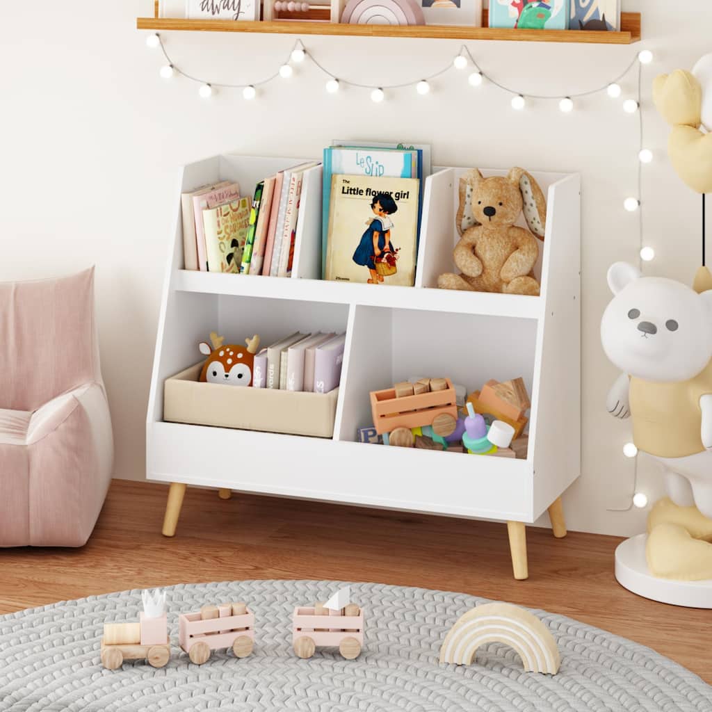 Anmytek 5-Cubby Kids Toy Storage Organizer with Book Display Shelves, White Freestanding Nursery Playroom Shelf with Wooden Legs
