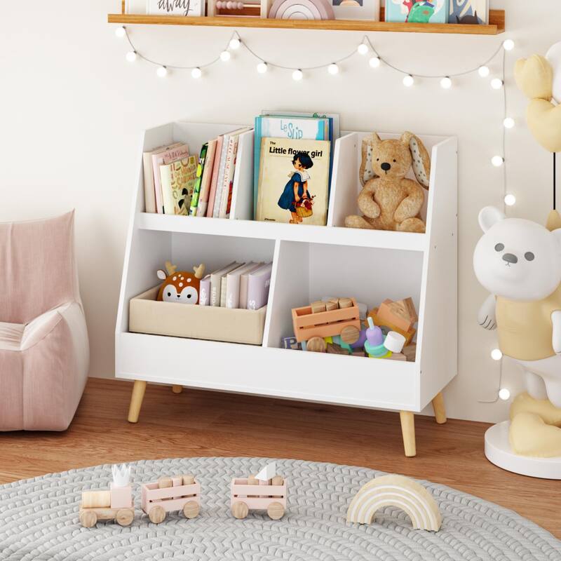Kids Bookshelf and Toy Organizer, 5 Cubbies Wooden Open Bookcase, 2-Tier Baby Storage Display Organizer with Legs