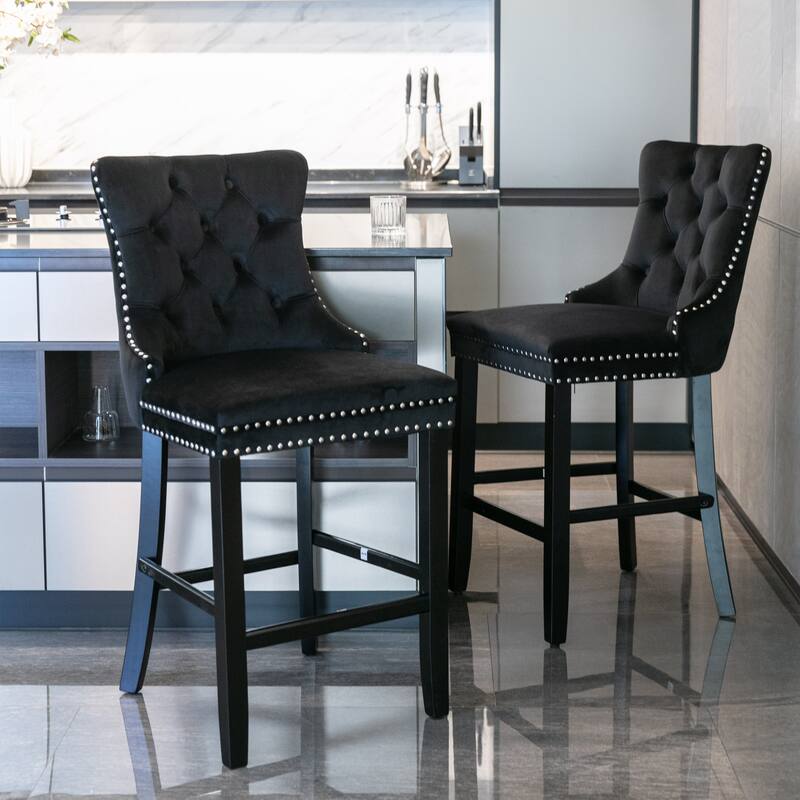 Contemporary Velvet Upholstered Barstools Leisure Style Bar Chairs Set of 2