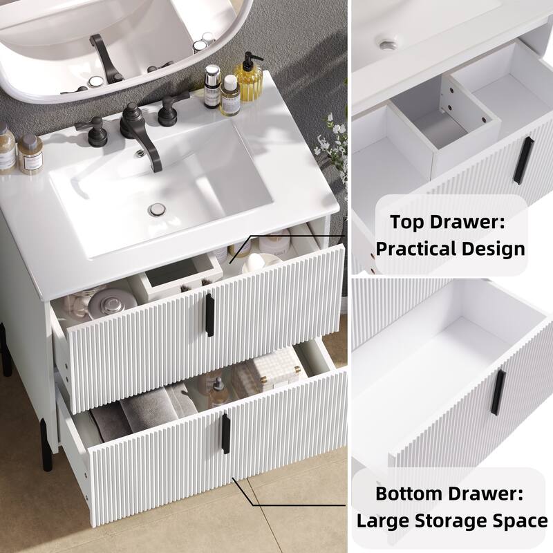 30-Inch Bathroom Vanity with a Ceramic Sink, Full-Extension Drawers, Soft-Close Undermount Slides, and a Fluted Design.