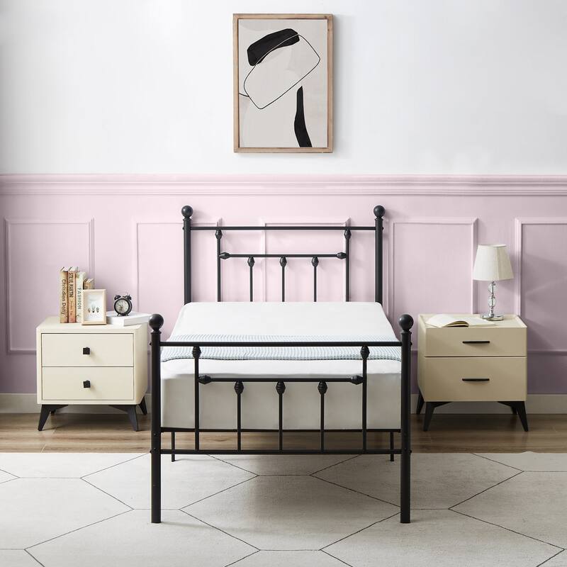 VECELO Metal Platform Bed Frame with Headboard and Footboard, Heavy Duty Slat Support/Underbed Storage Space, Victorian Style