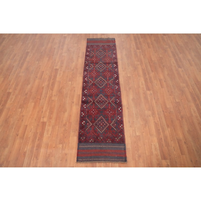 Hand Knotted Oriental 100% Wool Carpet Traditional Tribal Navy Blue & Blues Balouch Runner Rug - 7' 10'' X 1' 11''