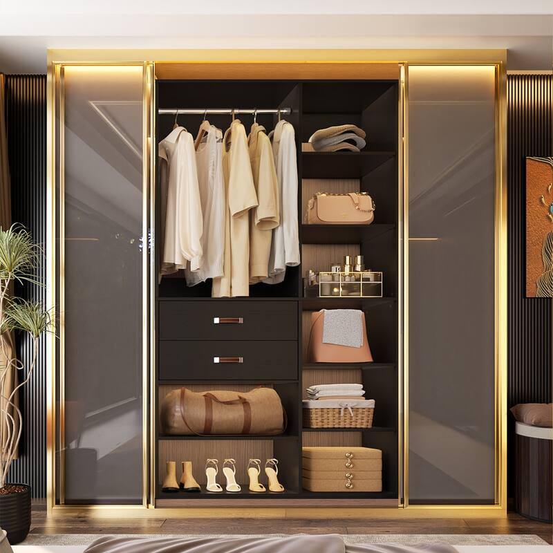 40'' Large Closet System with 10 Shelves and 2 Drawers, Freestanding Closet Organizer with Hanging Rods - 1pc - Black