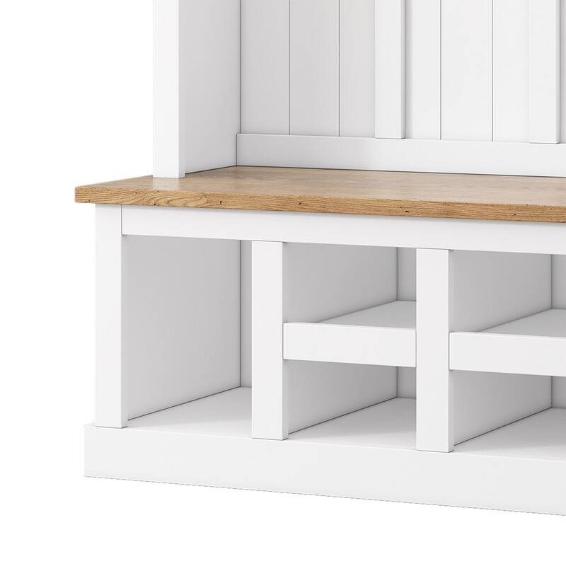 Modern Hall Tree with Wide Storage Seating Bench, Entryway Shoe Cabinet with 13 Compartments, Elegant Coat Rack with 6 Hooks