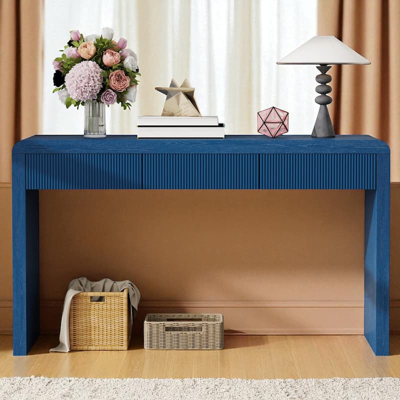 Rustic 55" Console Table with 3 Fluted Drawers, Solid Wood Veneer Entryway Table for Hallway or Foyer