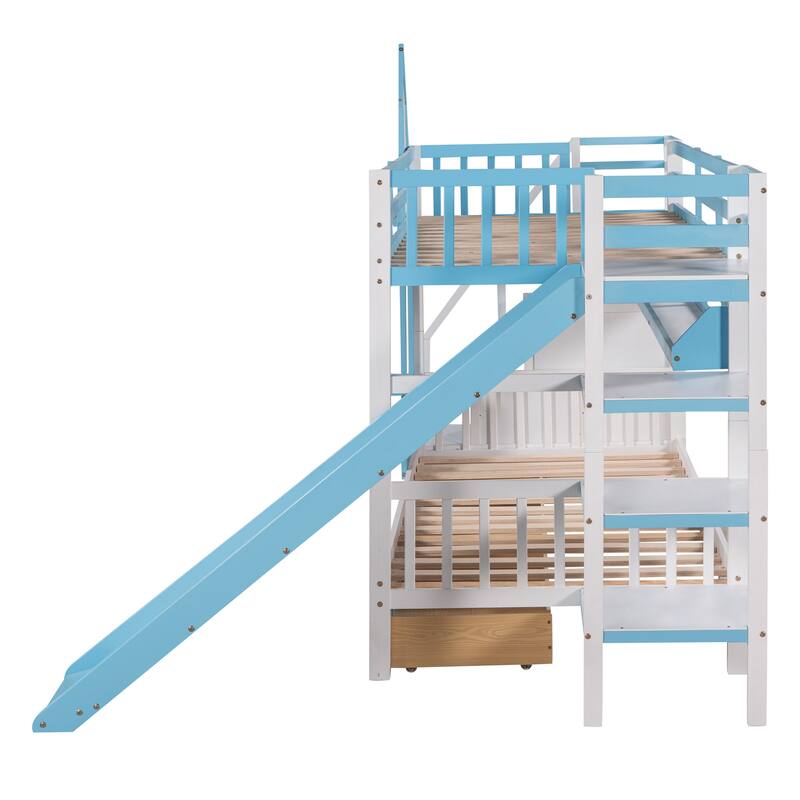 Twin-Over-Twin Castle Style Bunk Bed with Drawers,Shelves,Slide