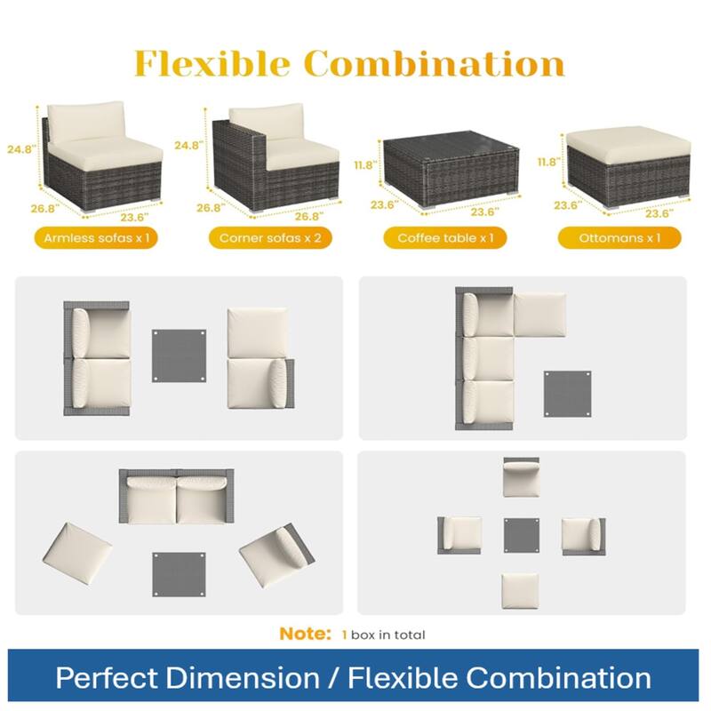 5-Piece Wicker Conversation Set with Beige Cushions and Glass Table