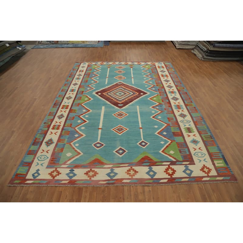 Hand Woven Oriental 100% Wool Carpet Southwestern Tribal Navy Blue & Blues Kilim Area Rug - 13' 0'' X 9' 7''