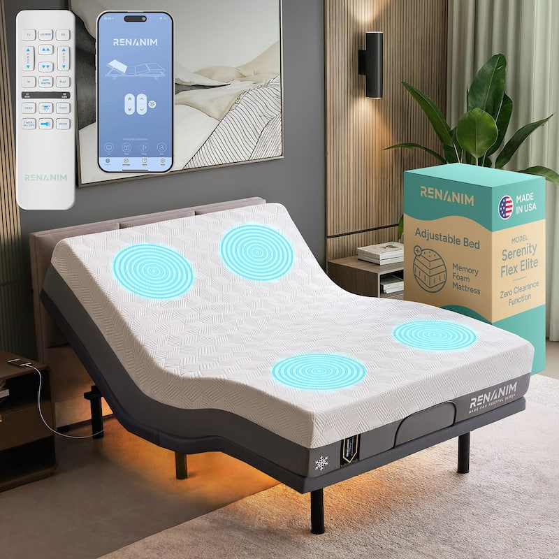 Renanim Zero Gravity Adjustable Bed Frame with 14" Memory Foam Mattress, Dual Massage, USB, Under Bed Light, Remote, App Control - Queen