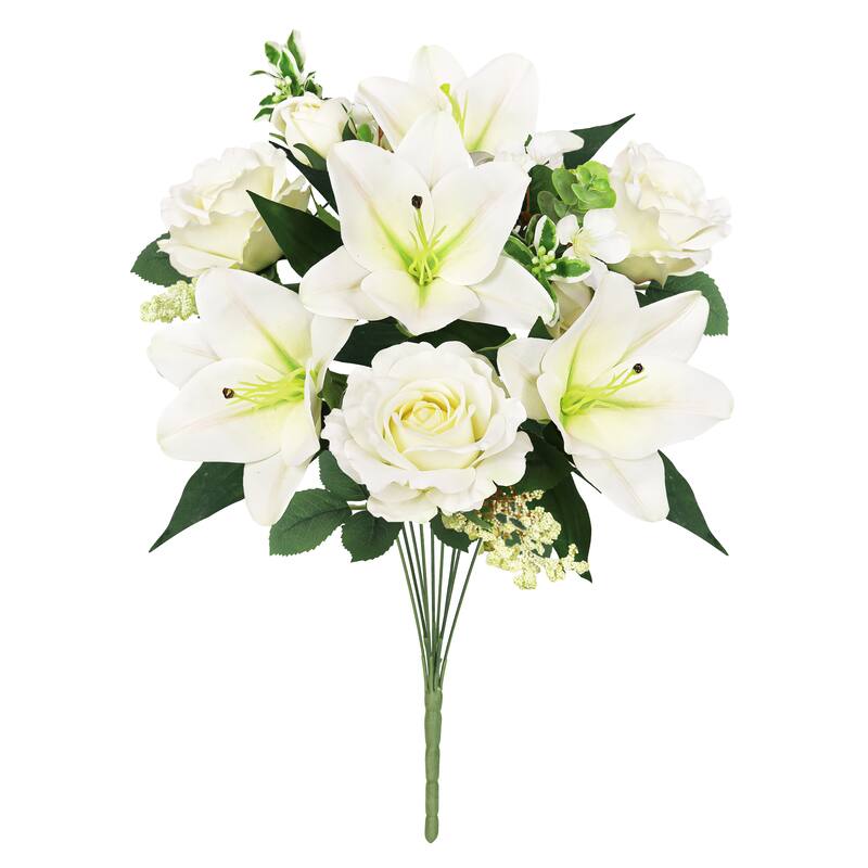 Set of 2 Cream White Artificial Mixed Rose Lily Blossom Flower Stem Bush Bouquet 20in - 20" L x 13" W x 13" DP