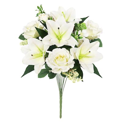 Set of 2 Cream White Artificial Mixed Rose Lily Blossom Flower Stem Bush Bouquet 20in - 20" L x 13" W x 13" DP