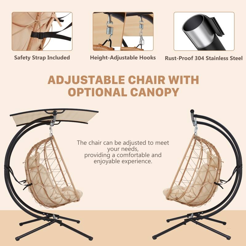 Double Egg Chair with Stand/Adjustable Canopy Patio Hammock Chair Hanging Swing Wicker Rattan Basket for Outdoor Balcony Garden