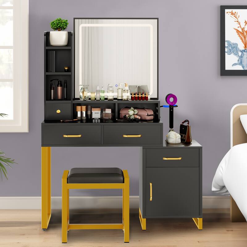 Moasis 42.1" Makeup Vanity Table - 42.1''L x 15.3''W x 53.9''H - Black&Gold