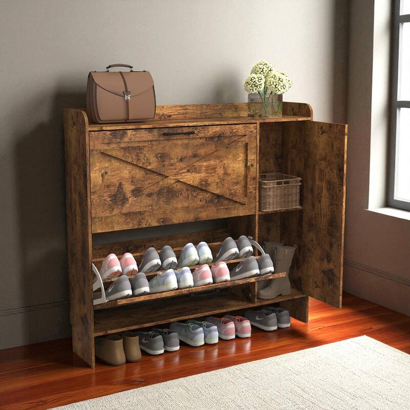 Shoe Cabinet with 2 Flip Drawers and Mirror, Rustic Brown Narrow Shoe Rack with Adjustable Dividers and Metal Legs for Entryway - Brown