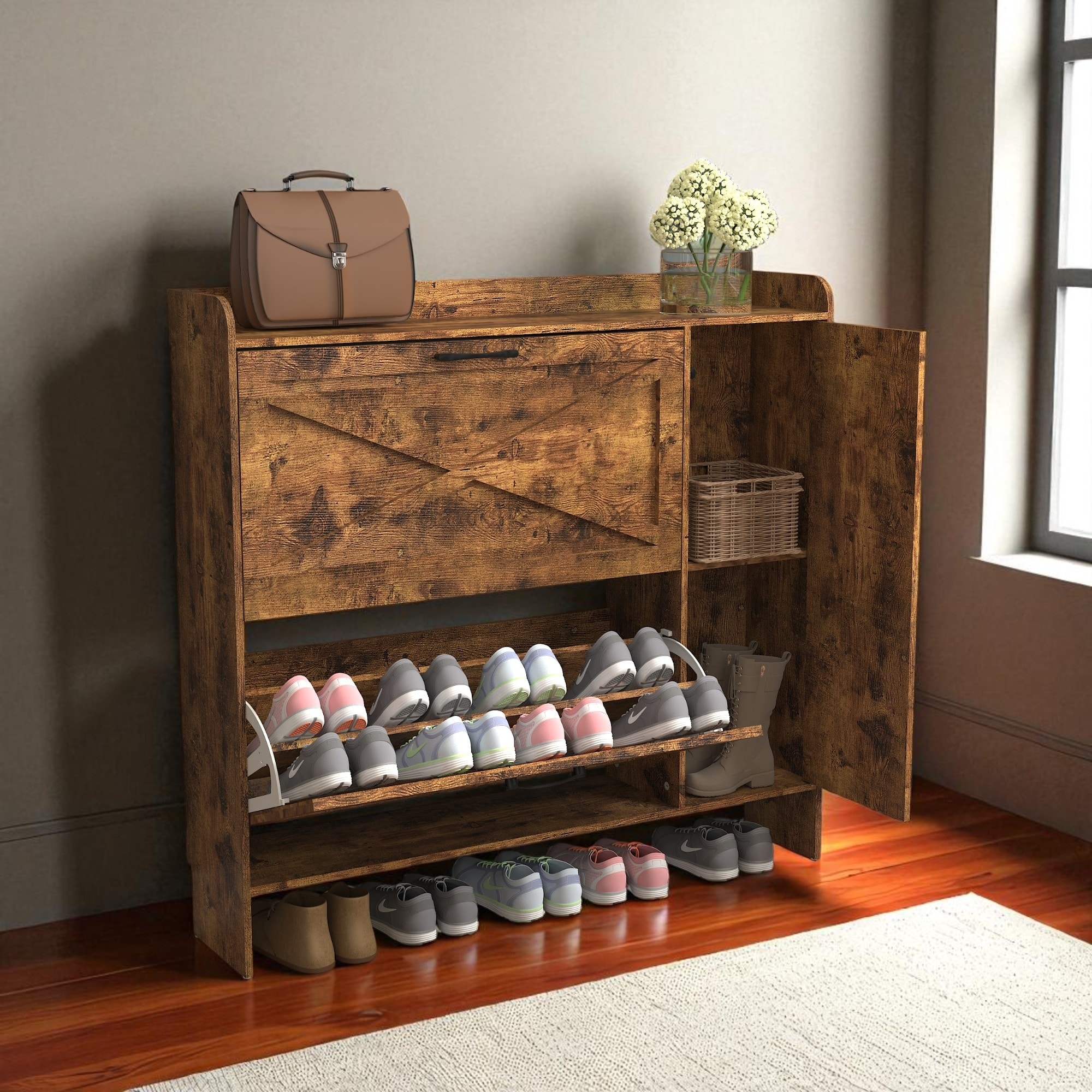 Shoe Cabinet with 2 Flip Drawers and Mirror, Rustic Brown Narrow Shoe Rack with Adjustable Dividers and Metal Legs for Entryway